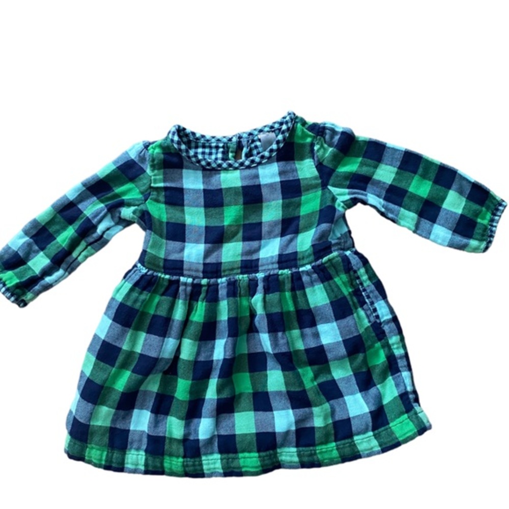 Primary blue green “green apple” plaid long sleeve cozy dress - 18-24m -cotton